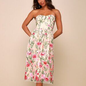 Lulus Endless Praise Beige Floral Embroidered Strapless Midi Dress - Size M